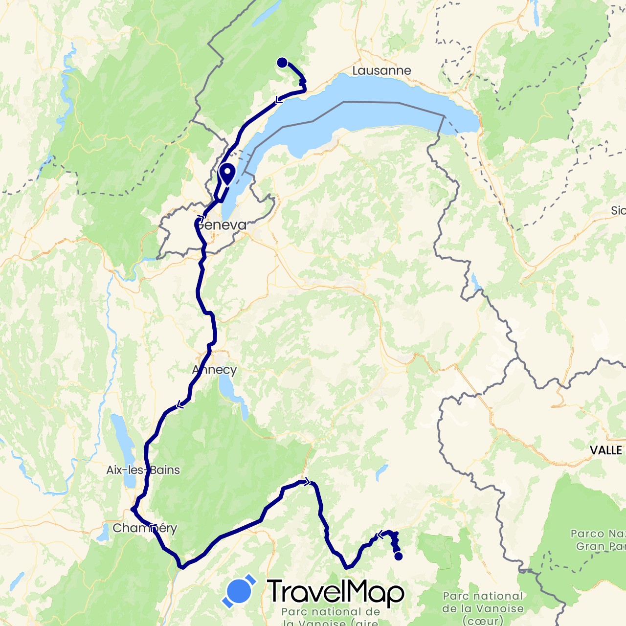 TravelMap itinerary: driving in Switzerland, France (Europe)