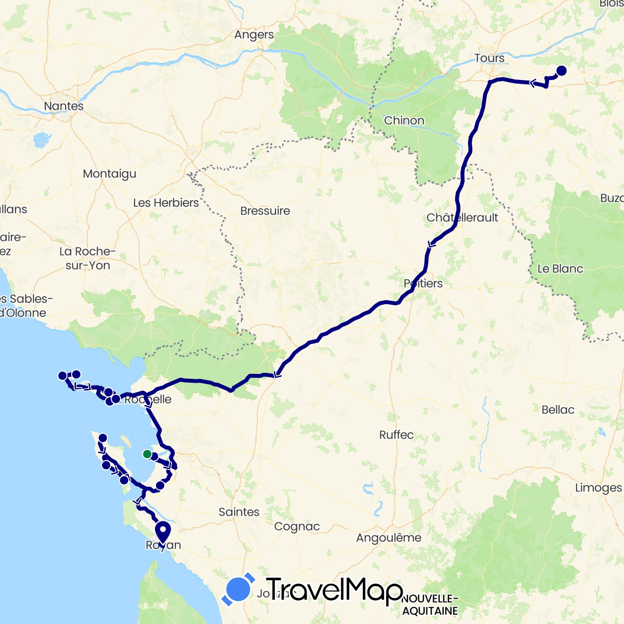 TravelMap itinerary: driving, a pied in France (Europe)