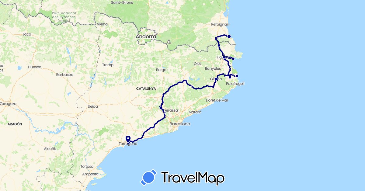 TravelMap itinerary: driving in Spain, France (Europe)