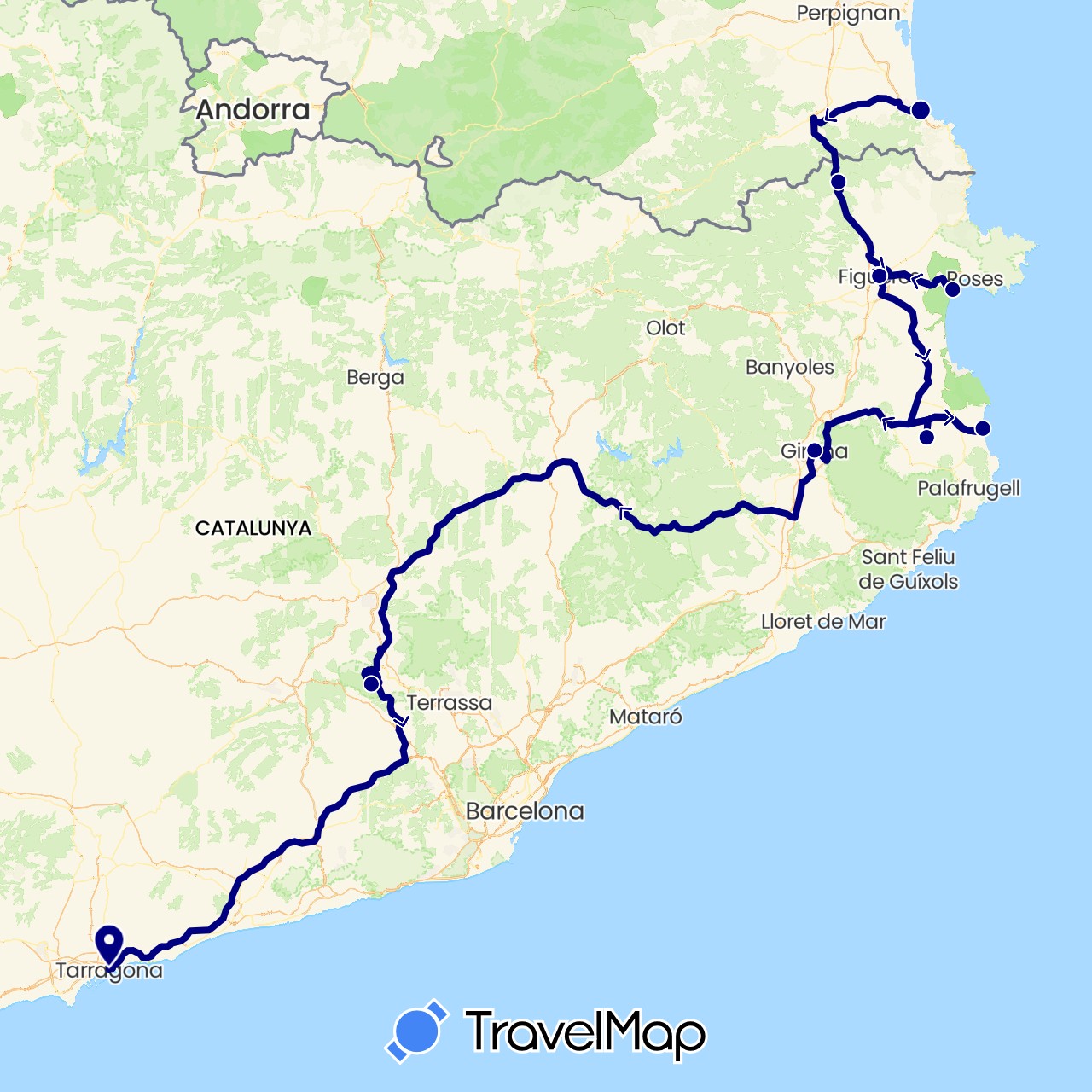 TravelMap itinerary: driving in Spain, France (Europe)