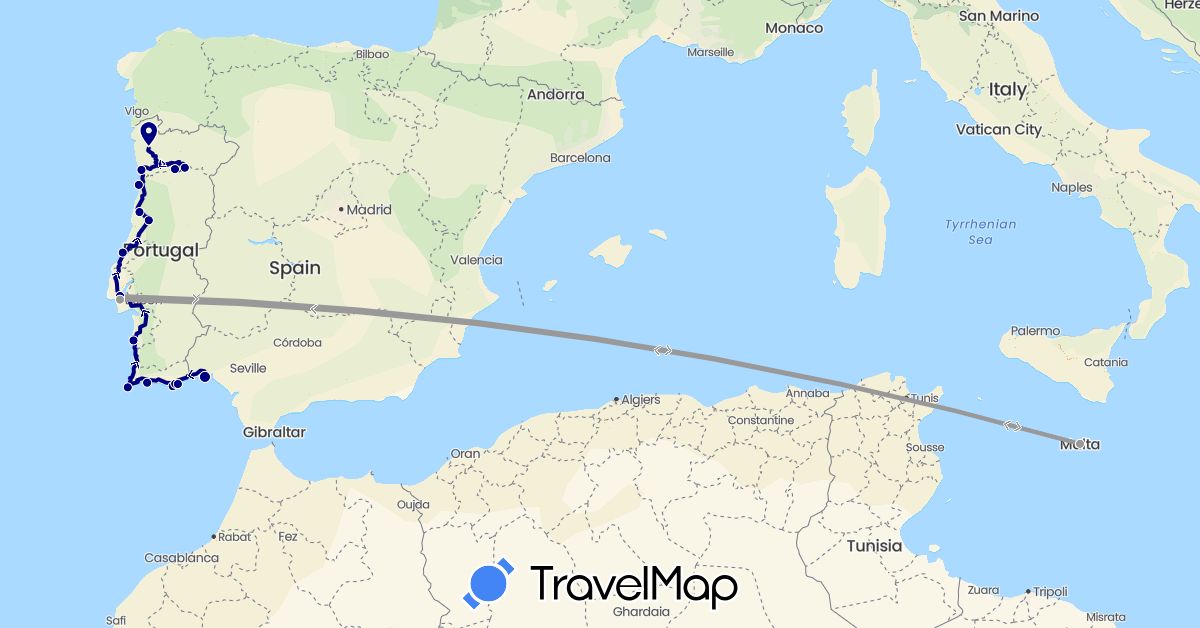 TravelMap itinerary: driving, plane in Spain, Malta, Portugal (Europe)