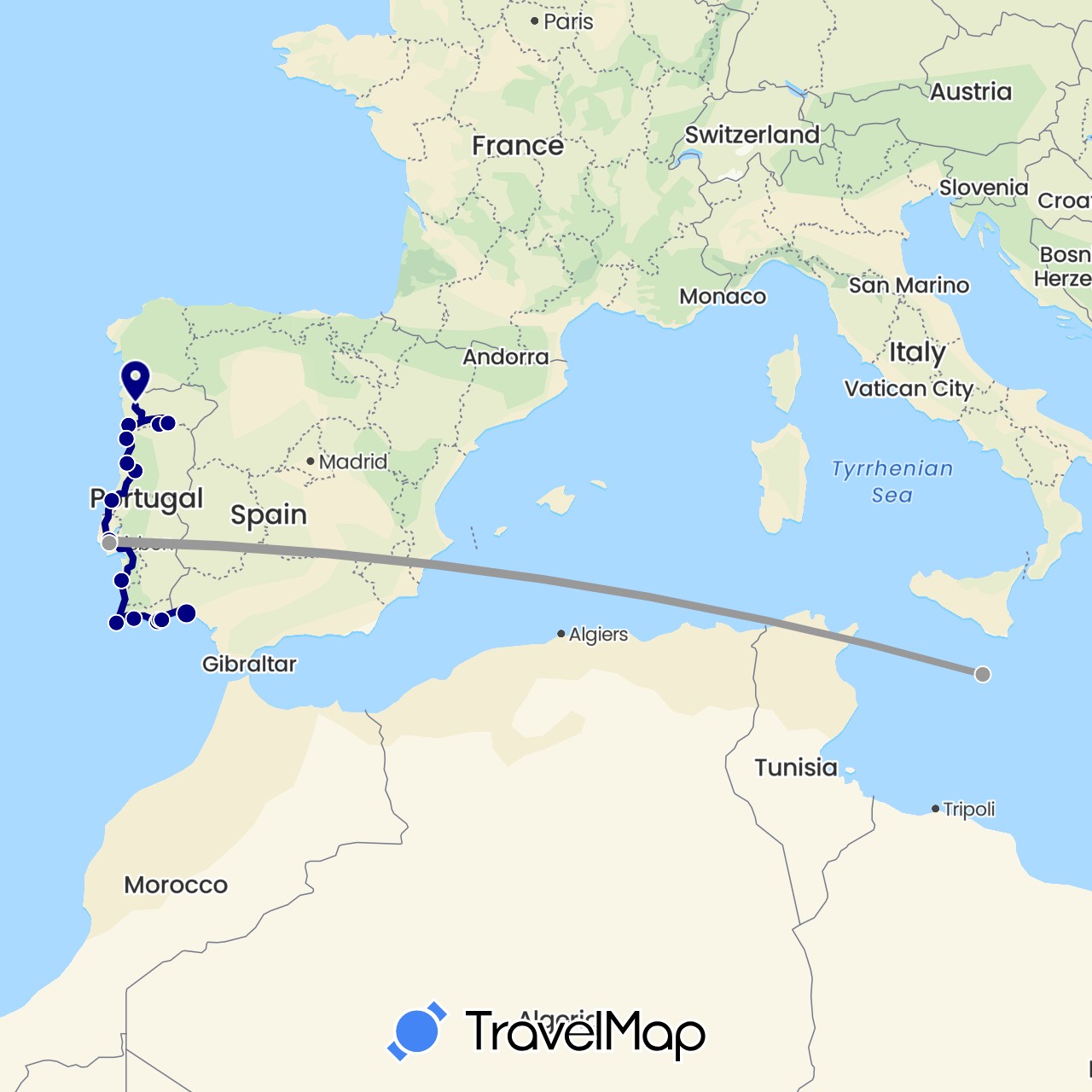 TravelMap itinerary: driving, plane in Spain, Malta, Portugal (Europe)