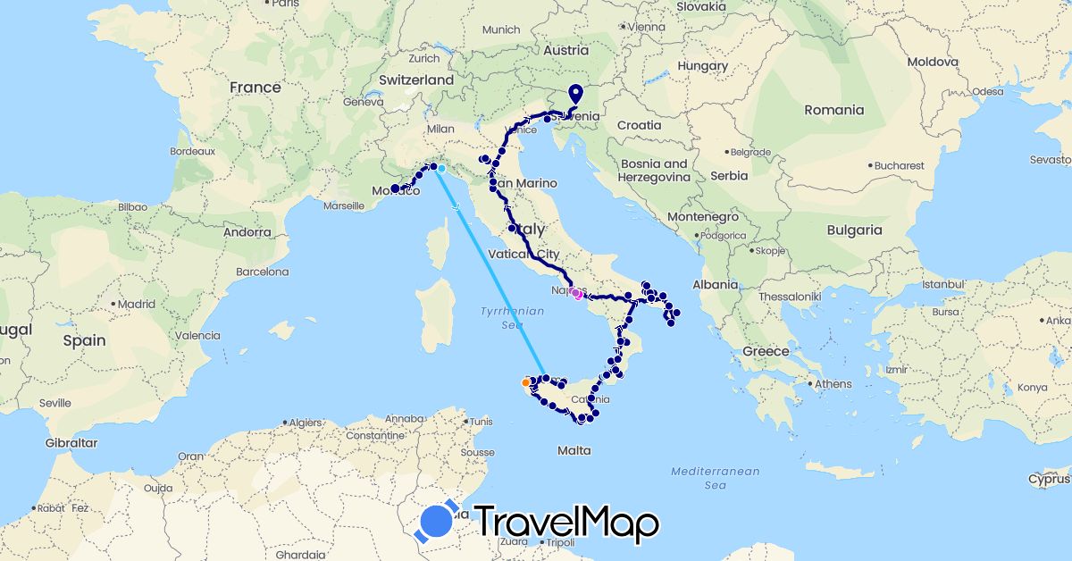 TravelMap itinerary: driving, bus, train, boat, téléphérique, scooter in France, Italy, Slovenia (Europe)