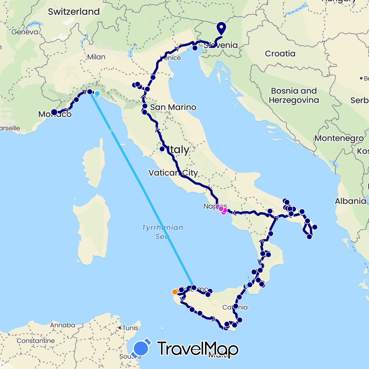 TravelMap itinerary: driving, bus, train, boat, téléphérique, scooter in France, Italy, Slovenia (Europe)