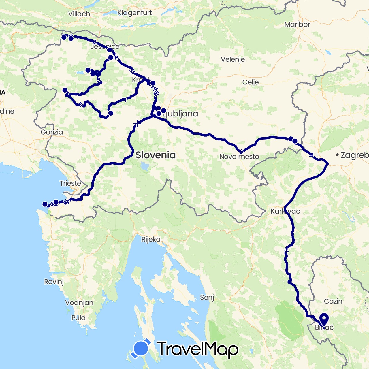 TravelMap itinerary: driving in Bosnia and Herzegovina, Slovenia (Europe)