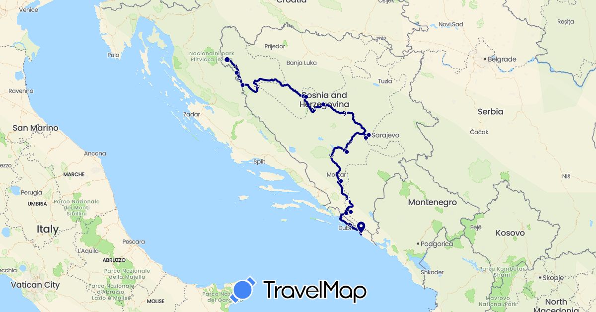 TravelMap itinerary: driving in Bosnia and Herzegovina, Croatia (Europe)