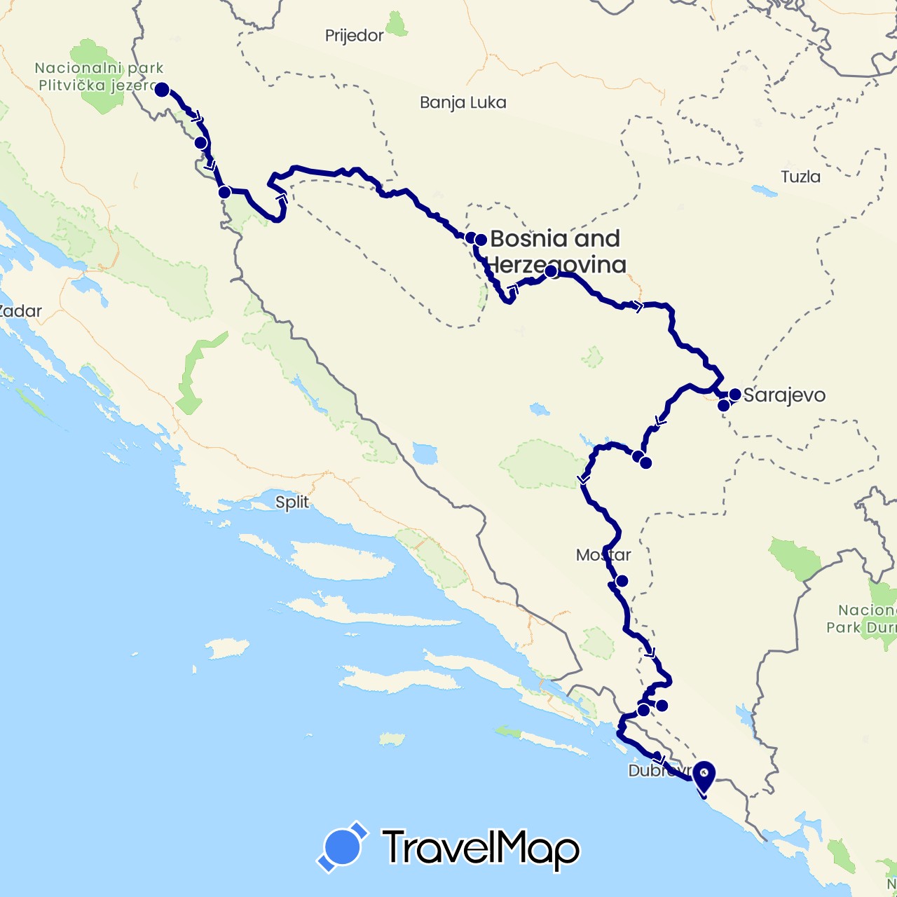 TravelMap itinerary: driving in Bosnia and Herzegovina, Croatia (Europe)
