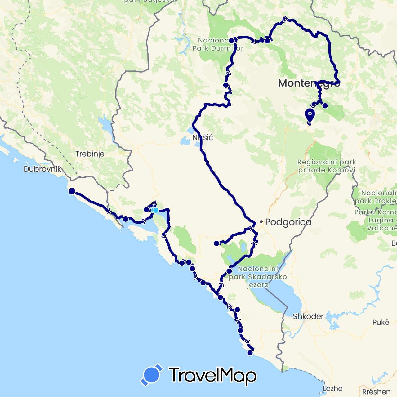 TravelMap itinerary: driving, boat in Croatia, Montenegro (Europe)