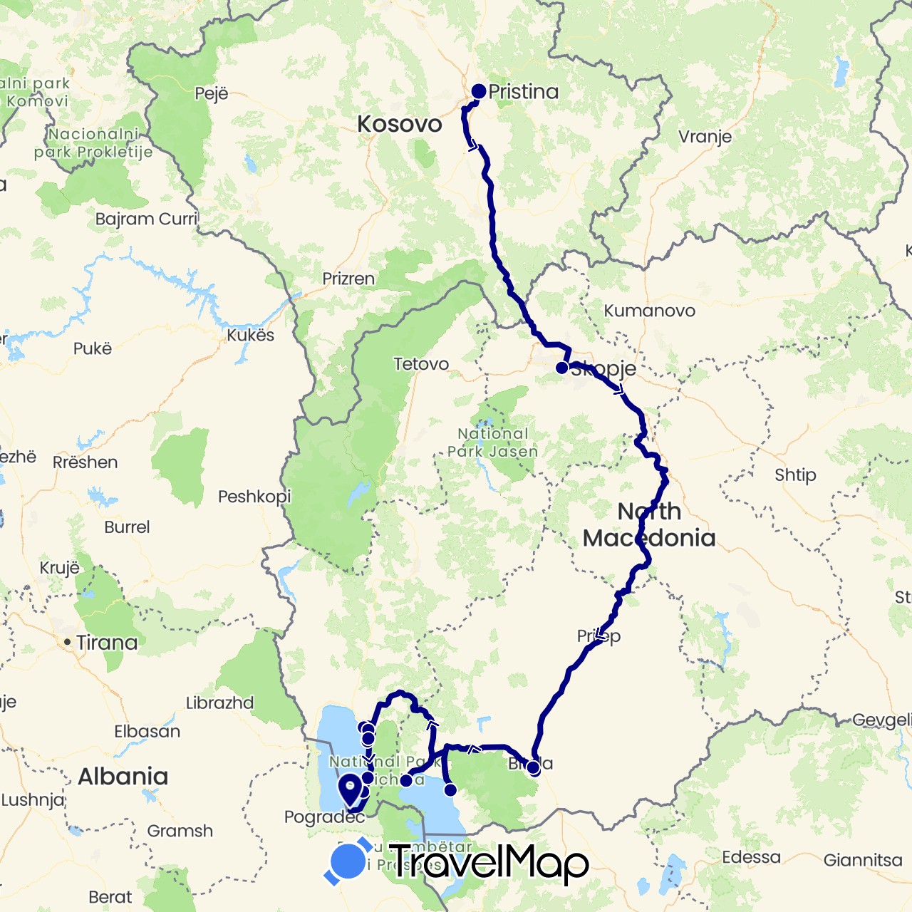 TravelMap itinerary: driving in Macedonia, Kosovo (Europe)