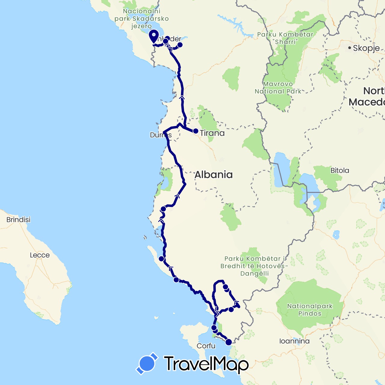 TravelMap itinerary: driving in Albania, Montenegro (Europe)