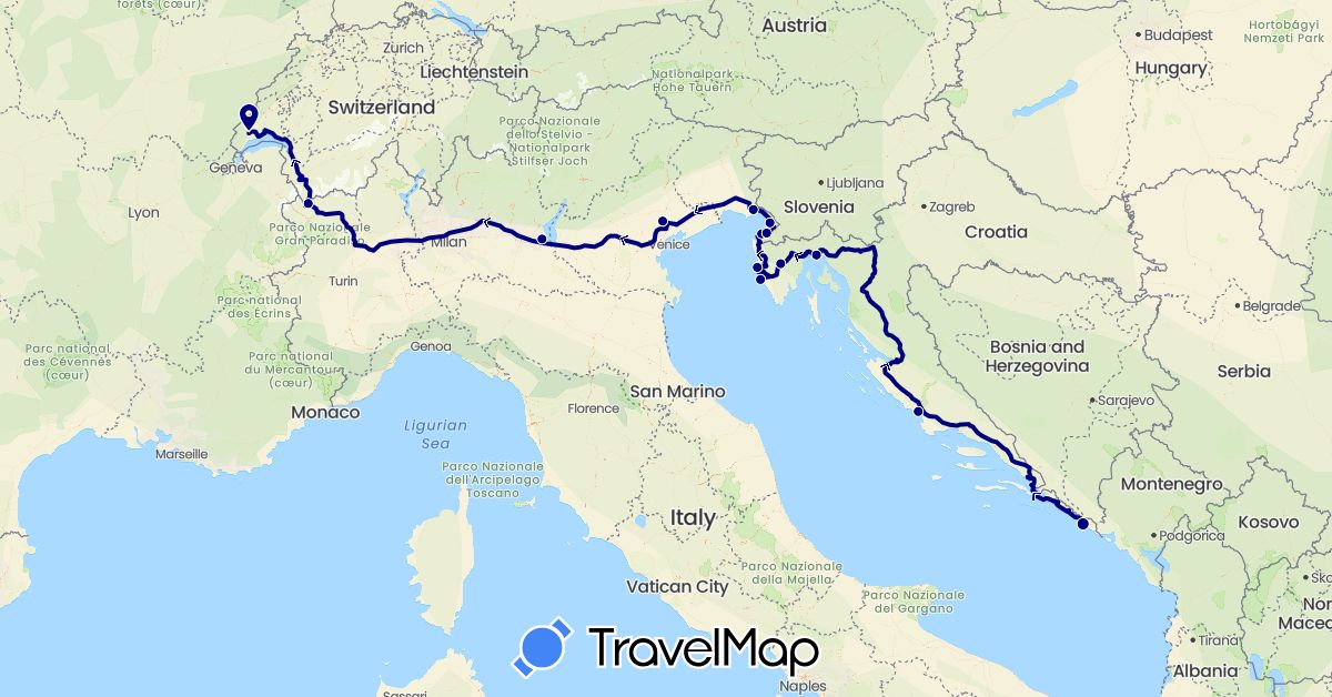 TravelMap itinerary: driving in Switzerland, Croatia, Italy, Slovenia (Europe)
