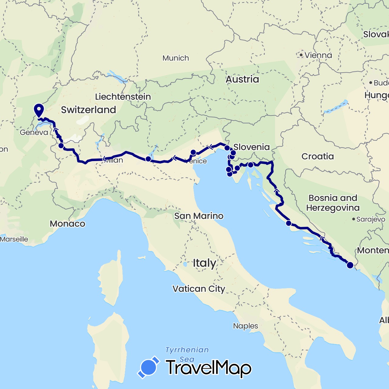 TravelMap itinerary: driving in Switzerland, Croatia, Italy, Slovenia (Europe)